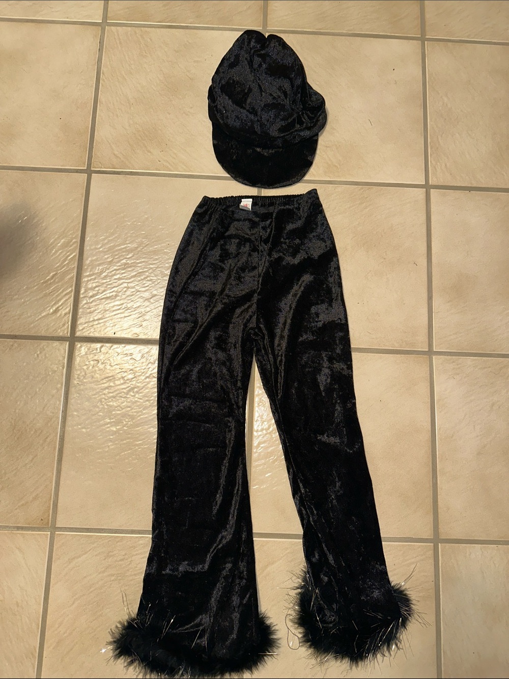 Black Velvet Wide-Leg Pants with Feather Hem and cap -Girls 6-8